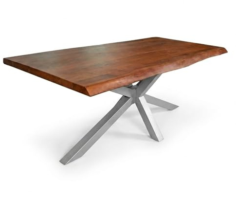 SAM Esstisch 180 x 90 cm Cali, Baumkantentisch nussbaumfarben, Akazienholz massiv, Spider-Gestell aus Metall Silber, aufgedoppelte Kanten 25+25 mm