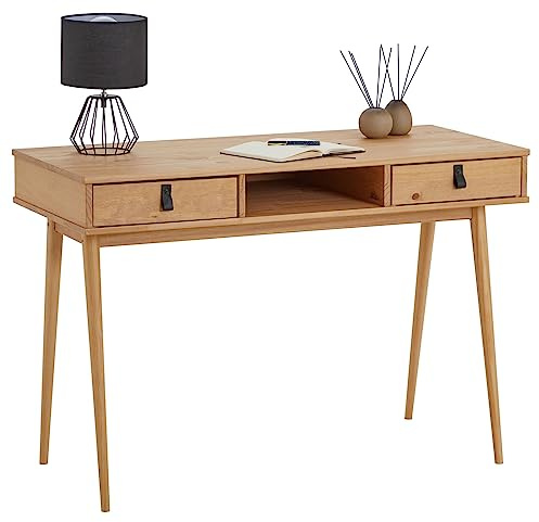 IDIMEX Schreibtisch Kim mit 2 Schubladen aus Massivholz, Eiche Farben - Home-Office Tisch mit offenem Fach, Bürotisch mit 2 Schubladen und Ledergriffen
