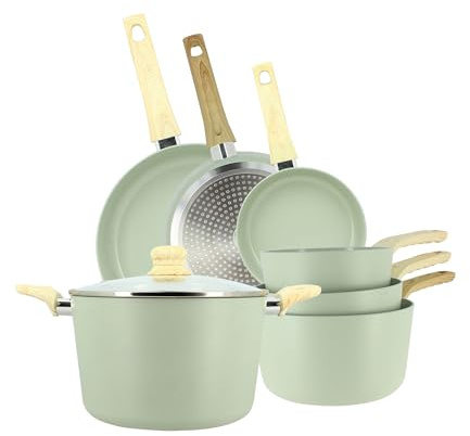 MENASTYL - Batterie de cuisine 7 pièces avec revêtement antiadhésif céramique (Sans PFAS/Sans PTFE) tous feux dont induction - 3 poêles, 3 casseroles, 1 faitout - Gamme Colorama - Céladon - 6014167