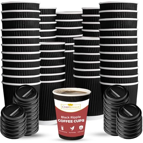 CHEF ROYALE 30x 12oz Black Ripple Disposable Coffee Cups with Lids - Insulated Triple Walled Takeaway Coffee Cups- Disposable Cups for Hot and Cold Drinks for Christmas, Birthdays Parties (30, 12oz)