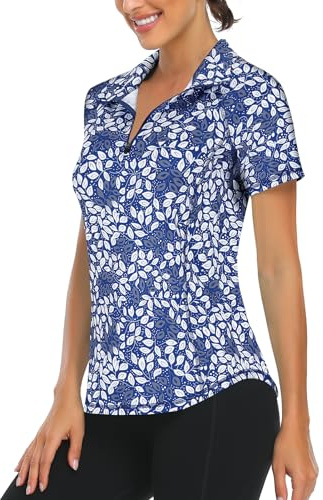 LURANEE Womens Golf Shirt,Golf Shirt UPF50+ Sun Protection Short Sleeve Workout Moisture Wicking Athletic Shirts Quarter Zip Pullover White Leaf Navy XL