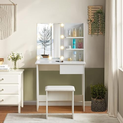 CLIPOP Schminktisch mit Spiegel und LED-Beleuchtung Einstellbare Helligkeit, Frisiertisch mit Stuhl Modern Kosmetiktisch Frisierkommode,1 Schublade,2 Ablagen,weiß