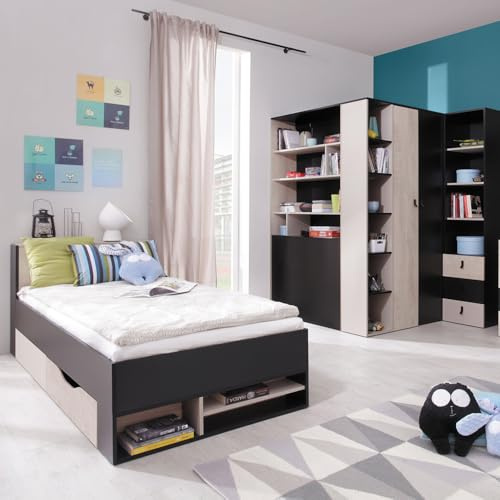 Lomadox Jugendzimmer Set 3-teilig mit Bett, begehbarer Kleiderschrank, Regalschrank in schwarz/braun/beige Modern