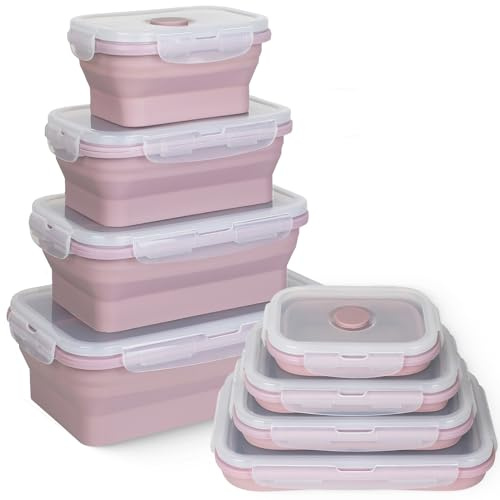 Hooolee® 4er-Set Faltbare Frischhaltedosen, Aufbewahrungsbehälter mit Deckel Bento Box aus Silikon Faltbare Brotdose Behälter für Mikrowelle, Kühl- und Gefrierschrank, Lunchbox, Rosa