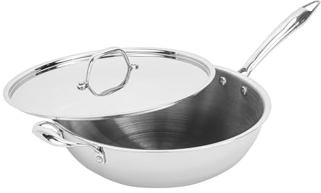 Royalford Triply Stainless-Steel Wok Pan with Lid – Deep Stir Fry Pan with Induction Base – Long Handle Frying Pan Kadai Cooking Pan for Shallow & Deep Frying, Induction Bottom, 24cm