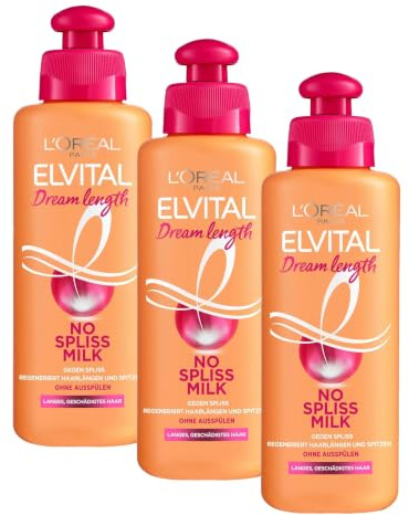L'Oréal Paris Elvital Leave-In Haarkur gegen Spliss, Für langes, geschädigtes Haar, Ohne Ausspülen, Ohne Parabene, Mit Rizinus-Öl, Dream Length No Spliss Milk, 1 x 200 ml (Packung mit 3)