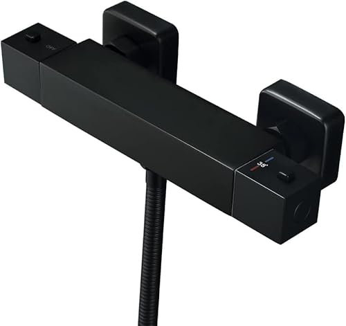 KINGBATH™ Square Thermostatic Exposed Shower Bar Valve Mixer Tap Faucet for Bathrooms Matt Black Wall Mounted with G1/2 Bottom Outlet 38°C Safety Lock Anti Scald Solid Brass Modern Easy to Install
