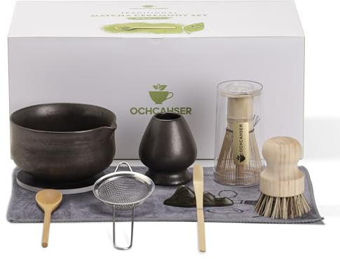 Ochcahser Matcha Whisk Set, Matcha Bowl with Spout and Coaster, Matcha Whisk and Holder, Sifter, Scoop, Spoon, Cleaning Brush - 10 Pcs Complete Ceramic Matcha Kit