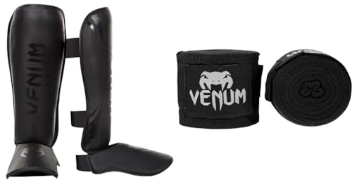 Venum Erwachsene Schienbeinschutz Challenger Schienbeinshoner, L & Kontakt Boxbandagen - Schwarz - 4 M