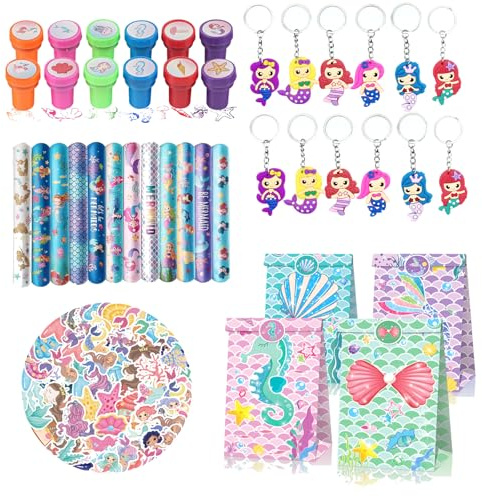 Yhjxly Meerjungfrauen Party Mitgebsel Set,98Pcs Meerjungfrau Party Kindergeburtstag Gastgeschenke, Geschenktasche Armband Schlüsselanhänger Aufkleber Set, für Mädchen Geburtstag Party Supplies