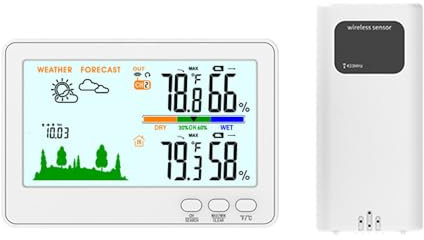 Indoor Outdoor Thermometer Hygrometer 433MHz Wireless Weather Station LCD Backlit Temperature Humidity Monitor with 328ft/100m Remote Transmitter Barometric Pressure Display Low Battery Alert