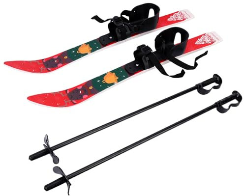 kiskick Schneeski und Stöcke, niedrige Widerstandsfähigkeit, Ski-Boards für Kinder, Anfänger, leicht, stabil, sichere Kinder-Skiausrüstung, Hinterhof-Ski-Set mit weihnachtlichem Muster, verstellbare