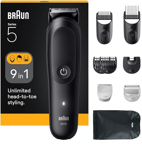 Braun Tondeuse Tout-En-Un Series 5, 9-En-1, Lame Ultra Affûtée, 120 Min D’autonomie, Protection SkinGuard Pour Le Corps, Coupe Précise Et Efficace, Manche AquaGrip Pratique Sous L'eau, AIO5540, Noir