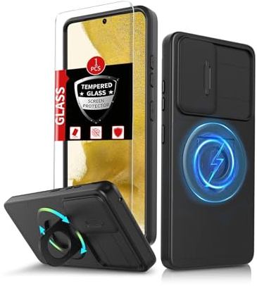 FRLMOOES for Samsung Galaxy S22 Case Magnetic with Kickstand + Camera Cover | Compatible with MagSafe Wireless Charging,with 1 Screen Protector,Anti-Scratch Shockproof Heavy Duty Protection Phone,Black