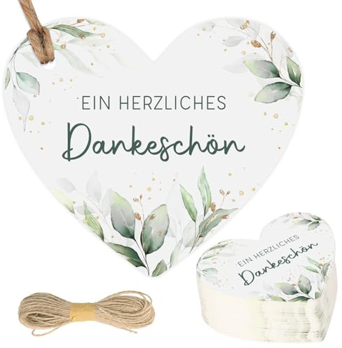 MEJOSER 50 Stück Danke Anhänger Hochzeit Herz Eukalyptus 5cm Geschenkanhänger Dankeschön Kommunion Taufe Konfirmation Etiketten Tags Geschenk Geburtstag Babyparty