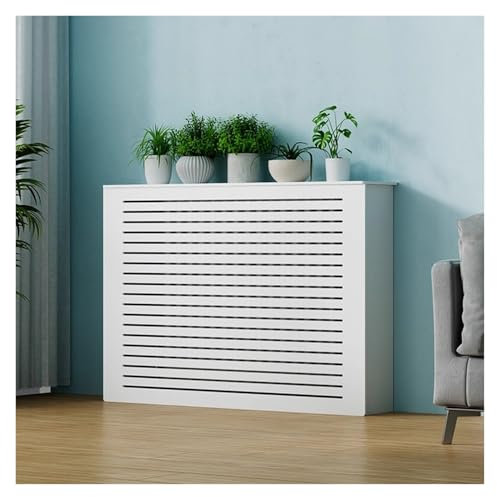 Radiator Cover MDF Cabinet with Slats Grill and Wood Top Shelf - Modern White Living Room, Bedroom, Hallway Cabinet for Home Office (80x90x20 cm)