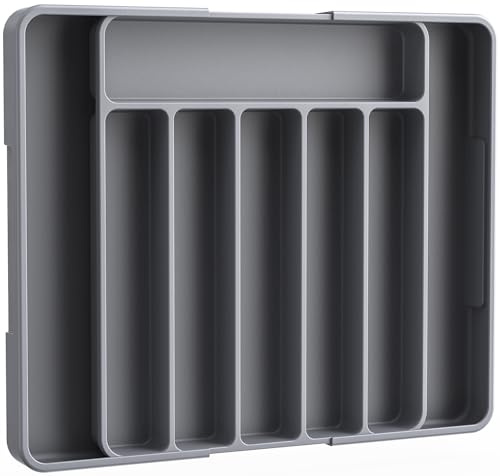 Kitsure Large Cutlery Drawer Organiser, Adjustable Tray Kitchen Accessories | Utensil Sorting, Versatile Storage Organisation Solution, Home Apartment Essentials, Grey, 34.8 x 3.9 x 27.8~50.0 cm
