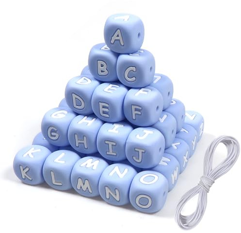 TOAOB Lot de 52 perles en silicone pour bracelets 12 mm bleu et blanc cube grandes perles alphabet et 2 m fil pour colliers bijoux bijoux bricolage téléphone chaînes porte-clés