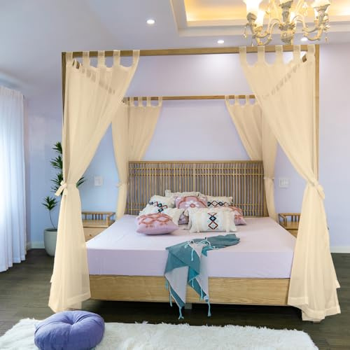 Linentalks Canopy Bed Curtains for King, Queen, Full and Twin Bed, 4 Corner Bed Canopies & Drapes, Four Poster Bed Canopy Curtains Beds, Sheer Curtains for Canopy Bed Drapes, Champagne