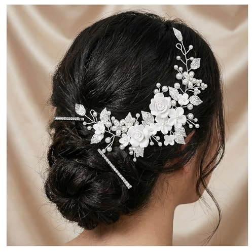 Hochzeit Haarschmuck Braut mit Blume Blatt Perle Strass, Brautschmuck Silber