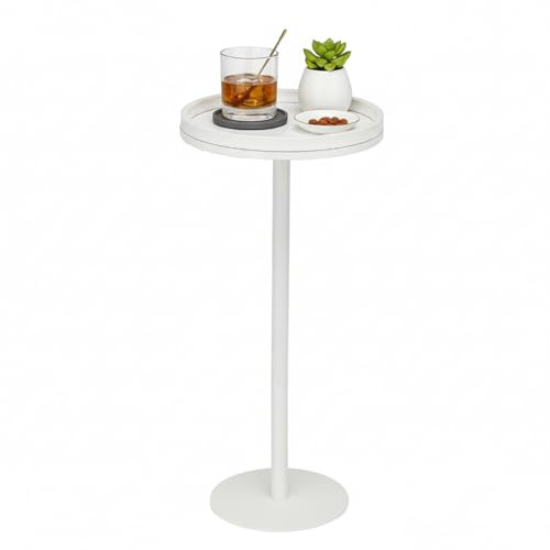 ZEXVIDA White Martini Table, Modern Small Round Side Table, Minimalist Metal & Wood Pedestal End Table with Weighted Base, White Drink Table for Living Room, Small Spaces,Next to Sofa, 24.7 Tall
