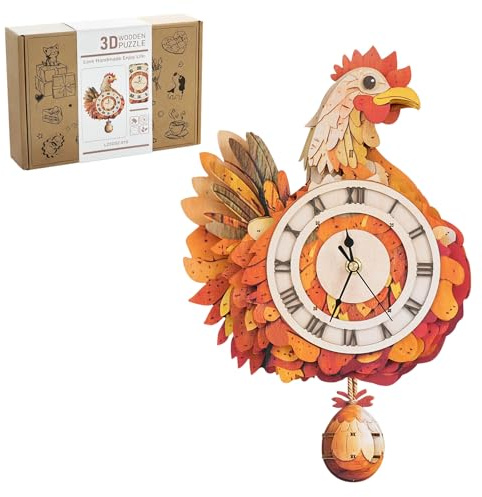 Lilcubics 3D Holz Modellbausätze für Erwachsene zum Bauen, Retro Henne Wanduhr mit Schwingen, Mechanische Uhr Kits Geschenke für Erwachsene, Vintage Home Decor