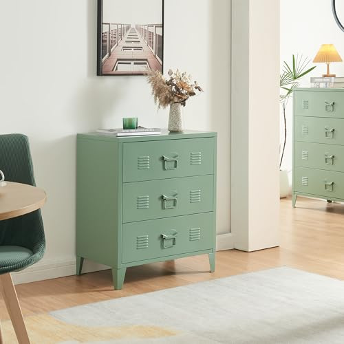 [en.casa] Cajonera Oficina Hämeenlinna Mueble de Taller Diseño Industrial Mueble Archivador para Oficina con 3 Cajones con Ranuras de Ventilación Acero 60 x 40 x 72cm - Verde Mate