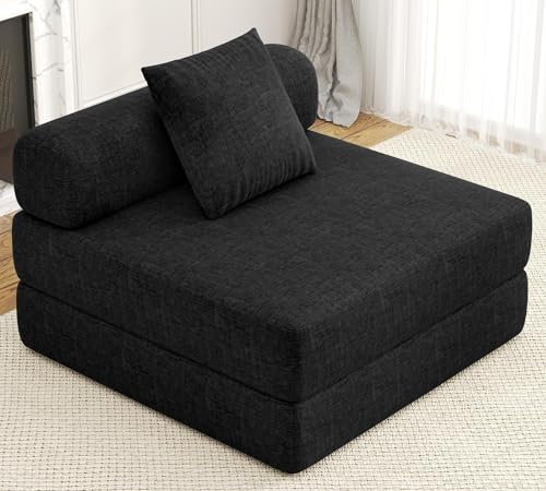 DURASPACE 99.5cm Klappsofa, Faltbare Matratze, Futon, umbaubarer Schlafsessel für Wohnzimmer/Gästezimmer/Heimbüro/Wohnung (Chenille-Schwarz)