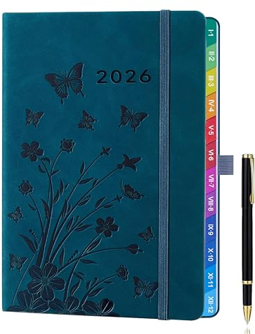 Agenda settimanale A5 2026, gen-dic, vista settimana, divisori colorati, penna inclusa, tasca posteriore, 2 segnalibri a nastro, colore Blu pavone, pianificatore elegante e funzionale.