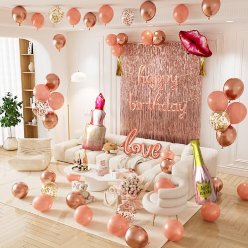 Adeyoo Rose Gold Birthday Decoration for Women- Rose Gold Party Decorations with Happy Birthday Balloons, Foil Curtain, lips Champagne Lipstick Love Foil Balloons for Women Party Supplies