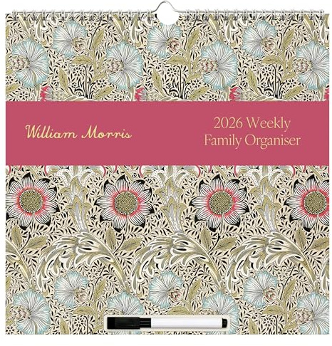 William Morris 2026 Family Organiser Wall Calendar | 5-Column Monthly Planner with Pen, Wipeable Overlay & Tear-Off Shopping & To-Do Lists