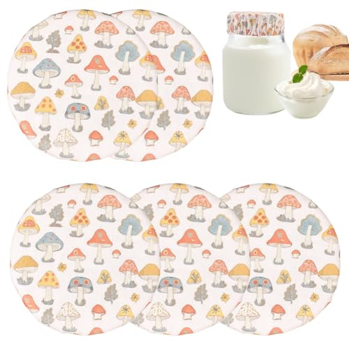 CREATCABIN 5 Tapa de Tela Reutilizable para Recipiente de Masa Madre de Hongos, Tapa de Tela para Recipiente de Masa Madre de Fermentación, Tapa de Lino Elástica para Frascos de Vidrio Mason 12cm