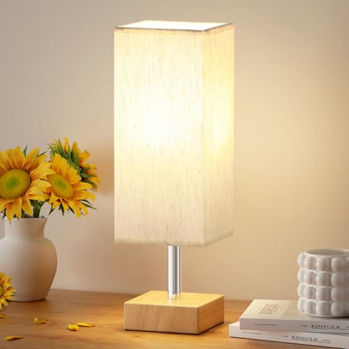 Aooshine Small Table Lamp, Minimalist Bedroom Lamp with Square Cream Linen Shade and Wood Grain Metal Base(Bulb Included)