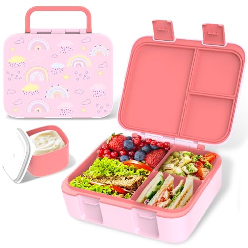 Anyiner Kids Lunch Box, Leakproof Bento Lunch Box with Multi-Compartments & Sauce Jar, Portable Snack Box Mermaid Bento Box for Kids Adults Work School, Pink Rainbow