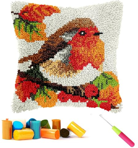 CCWORAN Latch Hook Kits for Adults Robin Bird Beginners Cushion Craft Kits Pillow Cover Making Crochet Pre Printed Canvas Wool Yarn Hobbies DIY Sofa Home Decor Women Gift 10