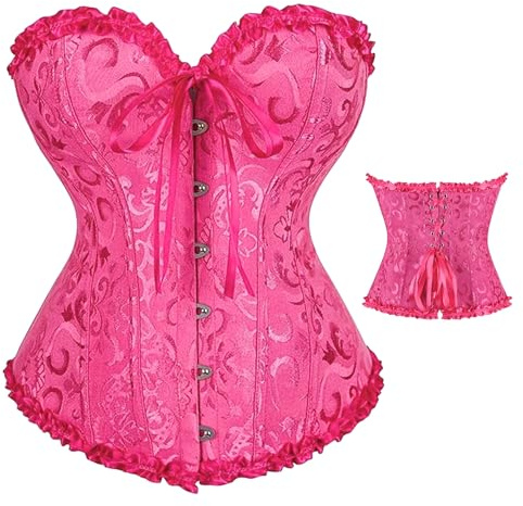 Beewiner Corsetto per Donne, Corpetto Top in Pizzo, Sexy Burlesque Overbust Corsetti Bustino Vintage Gotico Nero, Carnevale e Feste (IT, Testo, M, Regular, Regular, Fuchsia)