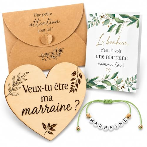 AHEZQILU Veux tu etre ma marraine coffret annonce marraine, plaque coeur en bois avec bracelet réglable, carte feuillage et enveloppe kraft, cadeau demande pour baptême naissance famille
