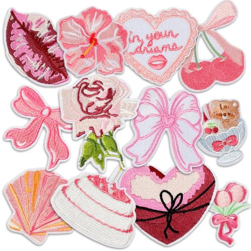 12 Pcs Boho Girly Iron On Patches Pink Embroidered Patches Cute Applique Patches Vintage Girl Sew On Patches for Clothes Backpacks Socks Jeans Jackets Hats DIY Crafts