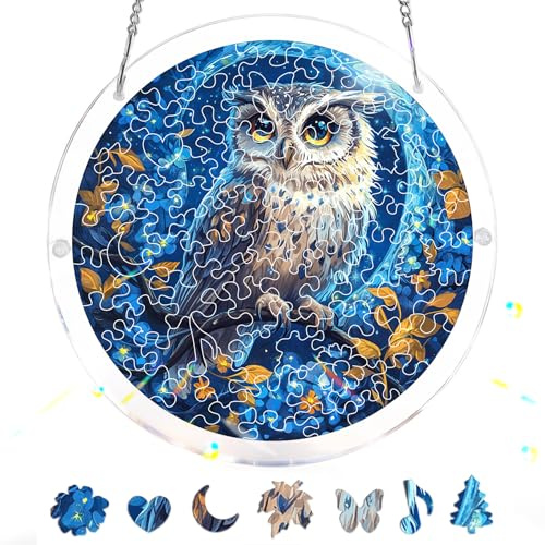 Pavemlo Acryl Sonnenfänger Puzzle 83 Teile, DIY Handwerk Eule Doppelseitige Glasmalerei Fensterkunst mit Kette, Achtsames Geschenk für Mutter, Heimdeko 18 cm F029