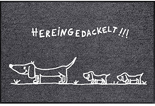 Salonloewe Fußmatte Dackel-Familie hereingedackelt, Anthrazit, 50x75 cm - Waschbar, rutschfest, Für Innen und Außen - Schmutzfangmatte, Trocknergeeignet