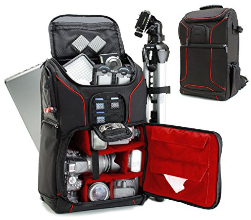 USA Gear Sac à Dos Appareil Photo Réflex Numérique avec Support Trépied, Compartiment Ordinateur Portable et Rangements Accessoires - Sac Photo Compatible avec Canon, Nikon, Pentax et Plus - Rouge