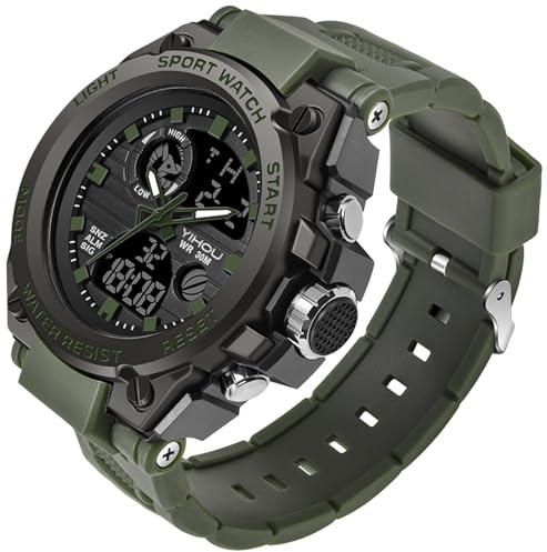 Yihou Montre Militaire pour Homme - pour Sports de Plein air - Montre électronique Tactique Militaire LED - Chronomètre - Étanche - Analogique numérique, Vert, Entreprise