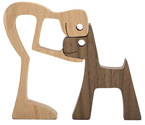 HUANRU Neueste Holzfiguren Skulptur Ornamente Set, abstrakte Stil Menschen mit Hund Statue, Freundschaft Zwischen Hund Und Menschen Denkmäler Statue Für Männer Frauen Jungen Mädchen Alte Leute