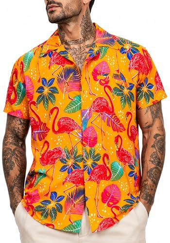 King Kameha Camisa Hawaiana Hombre de Manga Corta con Estampado de de Flamenco Colorido, Funky-Flamingos, Amarillo, XXL