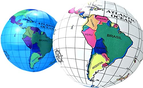 STUWU 4X Kunststoffball 20cm inkl. Ballnadel Fußball Weltkugel Design Globus Wasserball Gymnastikball versch. Farben