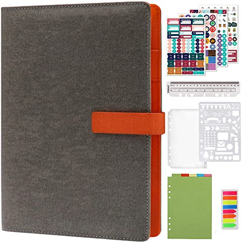HXRTANGS A5 Nachfüllbares Notizbuch PU Gepolsterte Abdeckung, 6 Ringbuch Journal Liniertes Persönlicher Organizer Planer 80 Blätter mit Stift Halter Magnet-Verschluss für Büro Schule Reise, Hellgrau