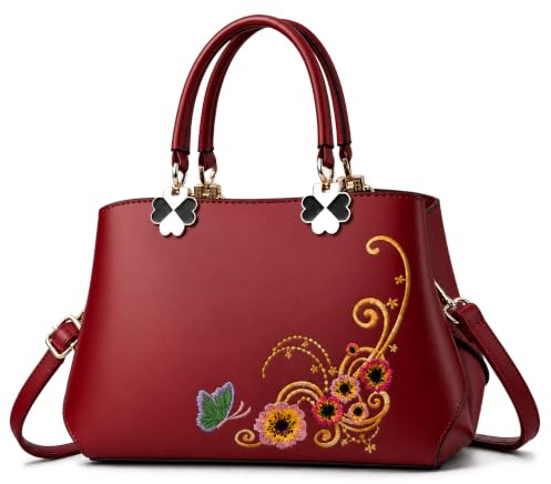 VARLIVOO Élégante Sac à Main Dames Sacs Bandoulière Femme Sac de Messager Broderie Sac Portés Main Sac Fourre Tout Sac de Cours Voyager Travail PU Cuir Vin Rouge C