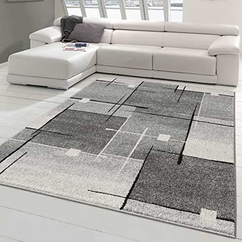 Teppich-Traum Kurzflor Teppich Abstrakte Quadrate Schwarz Grau 200x280 cm | Pflegeleicht, schmutzabweisend, strapazierfähig, langlebig, allergikerfreundlich, für Fußbodenheizung & Wohnbereich