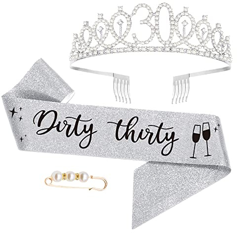 Moitkptt Dirty Thirty 30. Geburtstags Tiara, Geburtstags-Krone Schärpe Set, deko 30 geburtstag für 30. geburtstag frauen alles Gute zum 30. Geburtstagsgeschenk, Partyzubehör