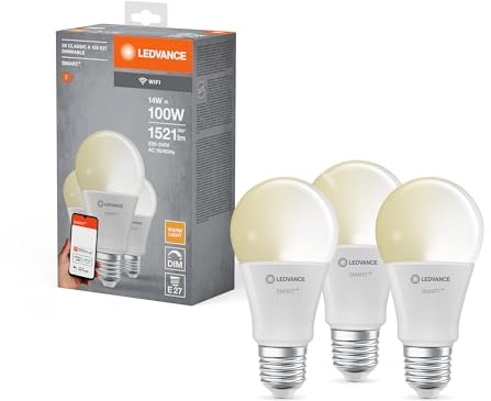 LEDVANCE Smart LED-lampa med WiFi teknik, E27-bas, matt optik,Varmt vitt (2700K), 1521 Lumen, ersätter 100W-belysningsmaterial smart dimbar, 3-Pack